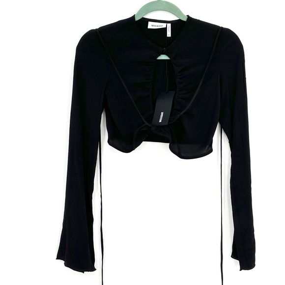 NWT Weekday Cassie Wrap Blouse Bell Sleeve Crop Top Black Size XS - Picture 4 of 8